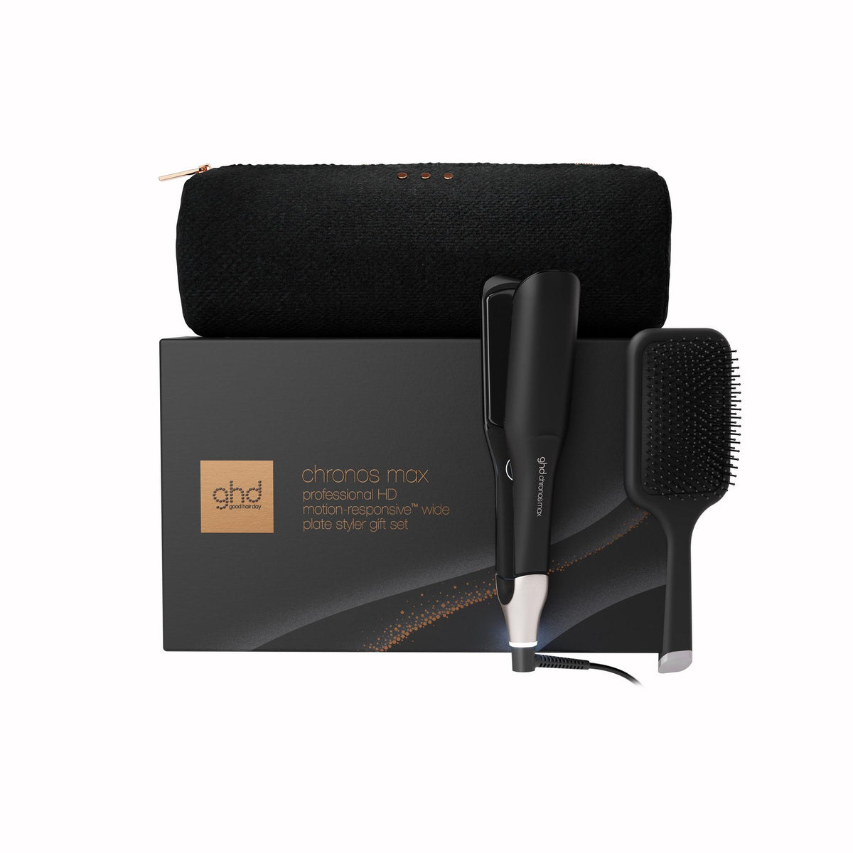 NEW GHD CHRONOS MAX BEST WIDE PLATE HAIR STRAIGHTENER FESTIVE GIFT SET IN BLACK