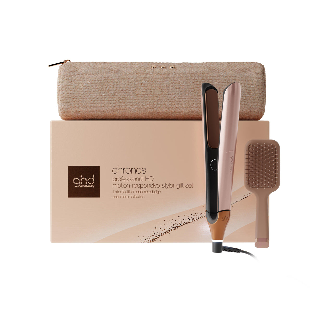 NEW GHD CHRONOS HAIR STRAIGHTENER FESTIVE GIFT SET IN CASHMERE BEIGE