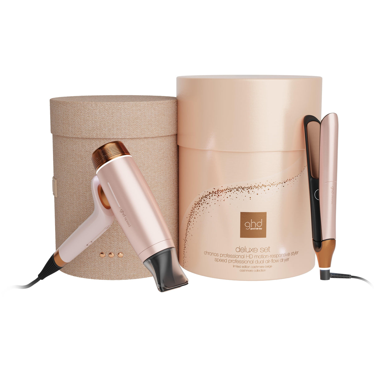 NEW GHD DELUXE HAIR DRYER AND STRAIGHTENER GIFT SET IN CASHMERE BEIGE